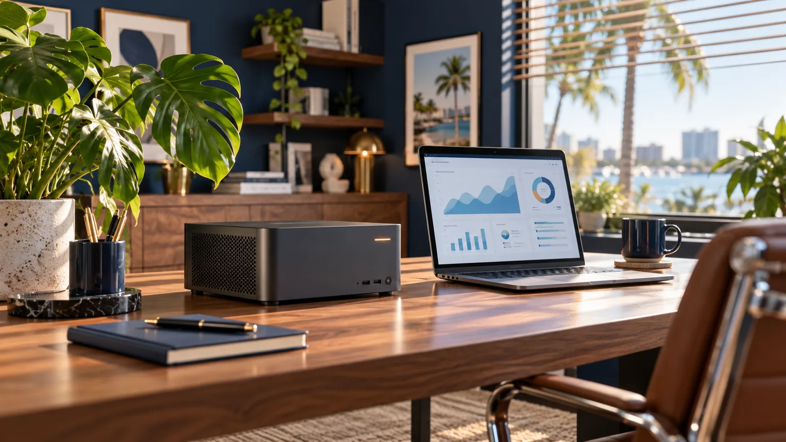 A compact mini-PC server and laptop on a bright office desk