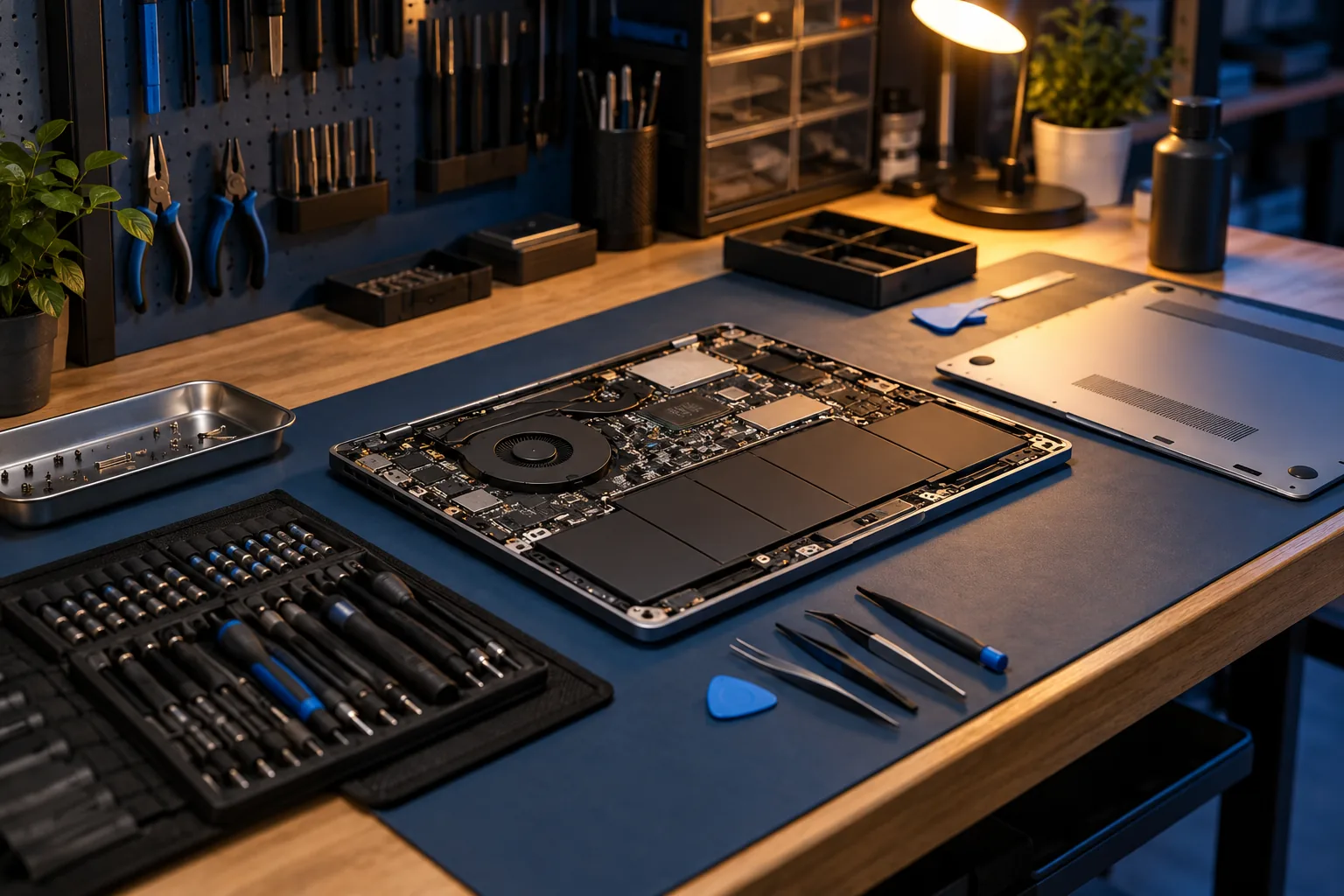 An orderly computer repair bench with an opened laptop and tools